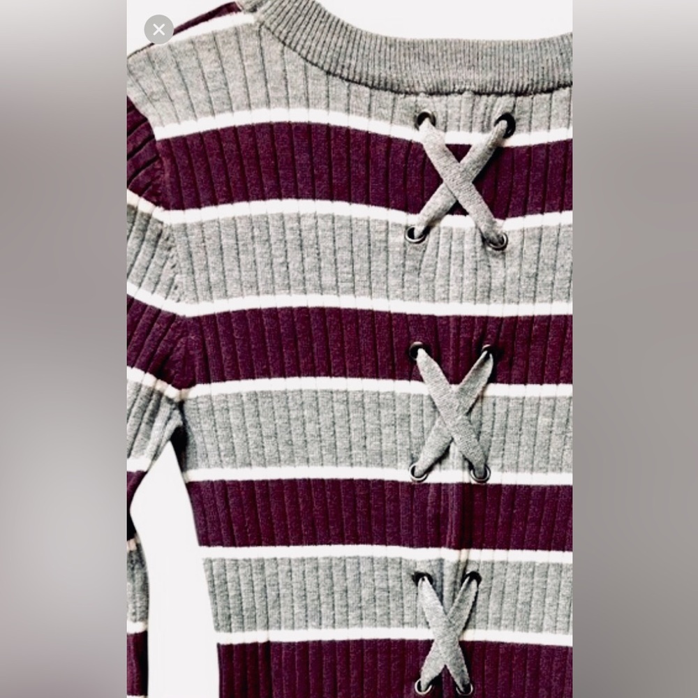 Hippie Rose Striped Purple and Gray Sweater with Lace-Up Back & Slit Sides!
